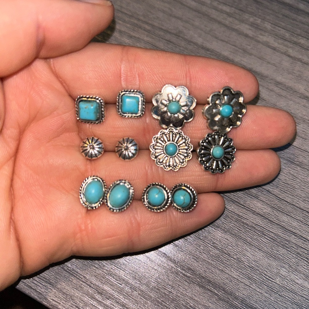 Turquoise and Silver Stud Earrings Set